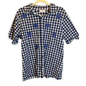 Quacker Factory Blouse Women's Size Medium‎ Gingham Nautical Sailor Blue White